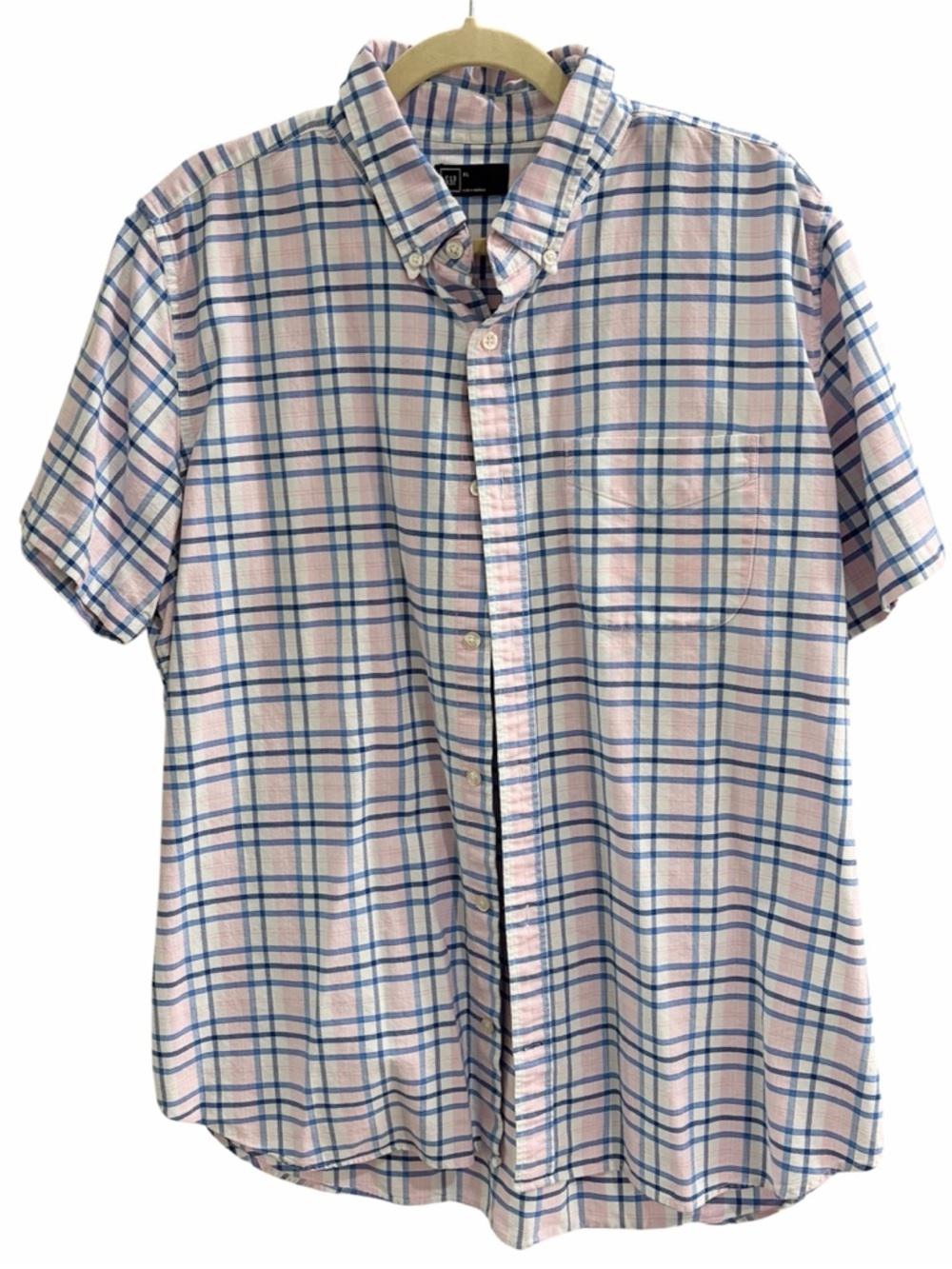 Men’s GAP Short Sleeve Button-Down Shirt - Pink, Blue, and White Plaid XL